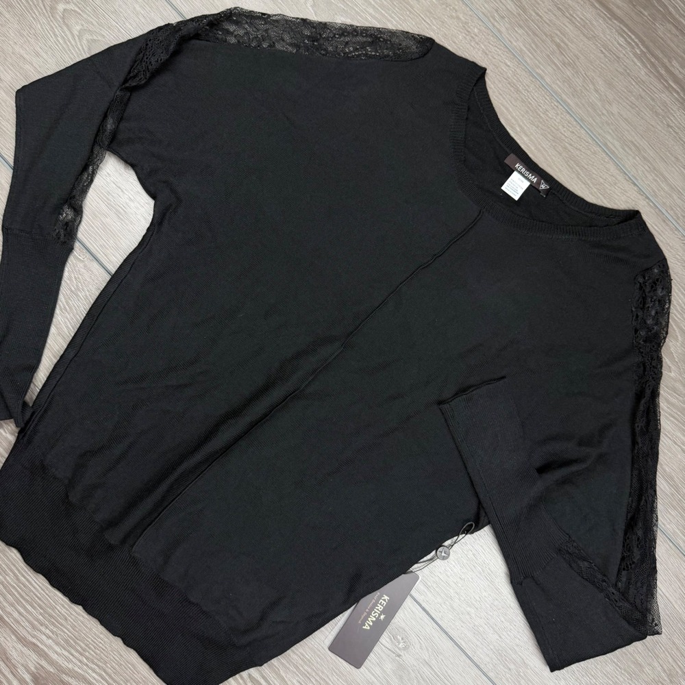 Kerisma Womens Sweater Lace Sleeve Dolman Cashmere Blend Black Medium